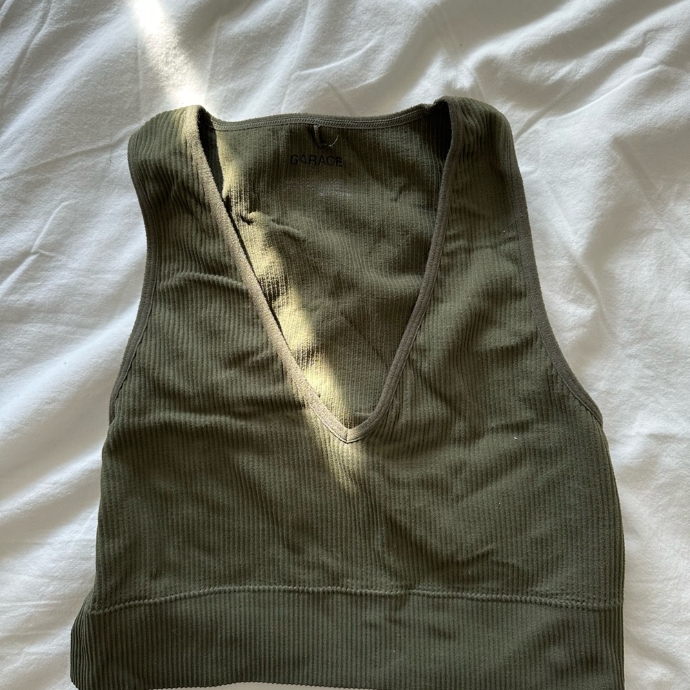 Garage Khaki Ribbed V-Neck Tank Top